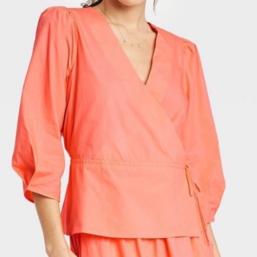 A New Day Peach Faux Wrap 3/4 Sleeves Lightweight Cotton Shirt - Size Large - Picture 1 of 4